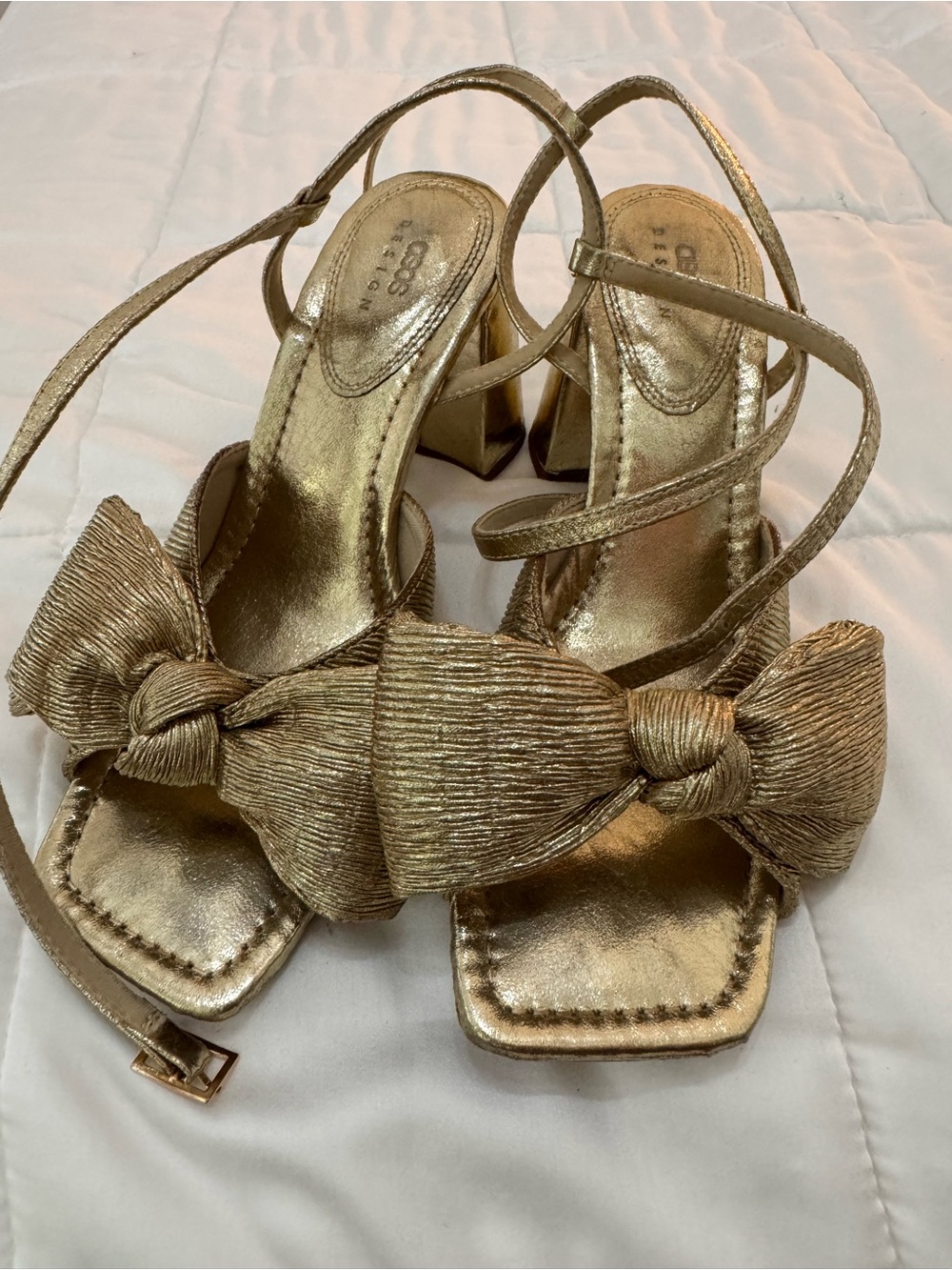 Bow-Front Metallic Gold Block Heel Slingbacks